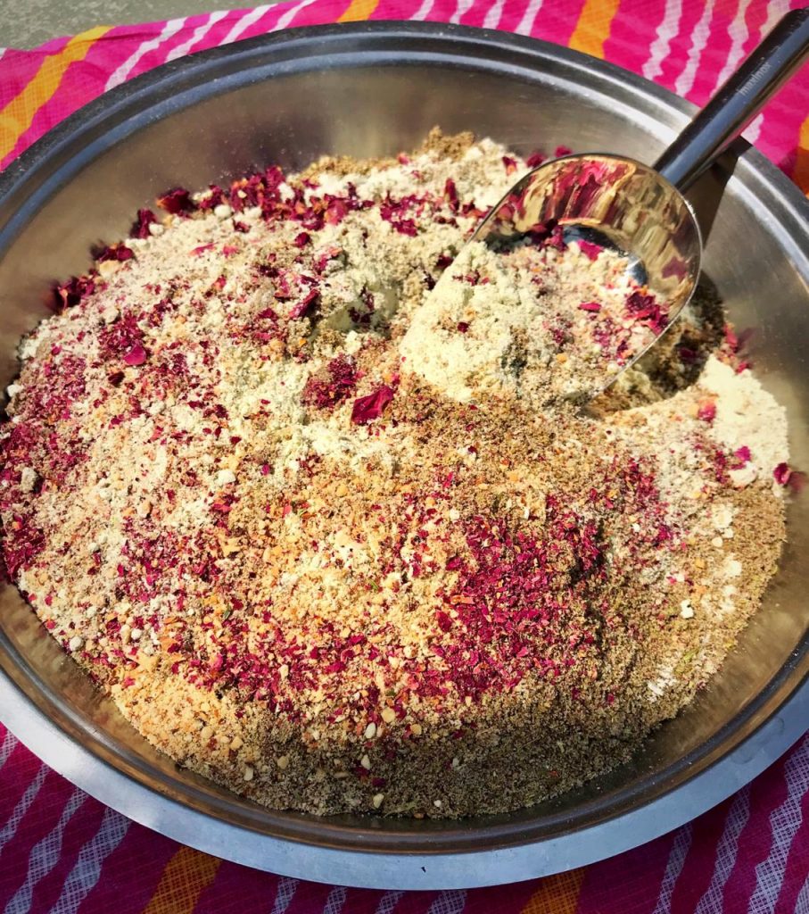 mixing of Rose Thandai Power with almonds, pepper corns, fennel etc
